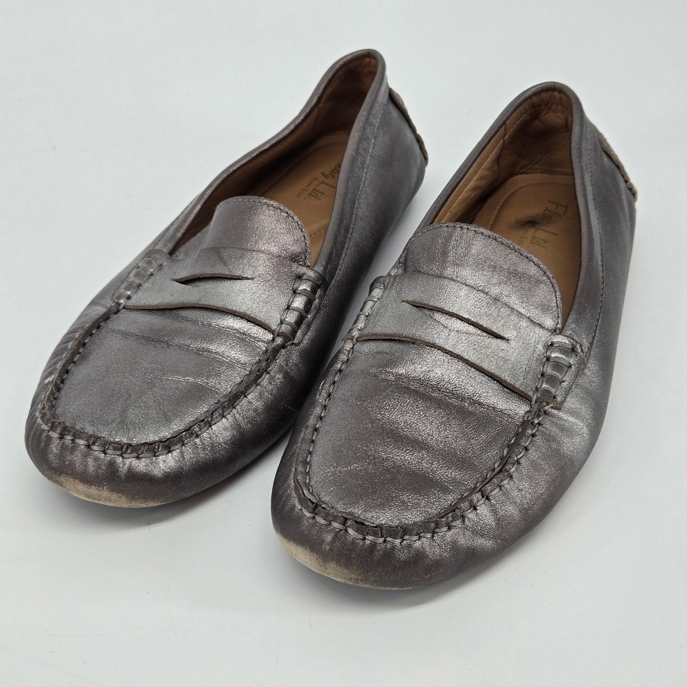 Flag Ltd Nappa Glove Metallic Pewter Leather Penny Loafer Driving Flats 9M
